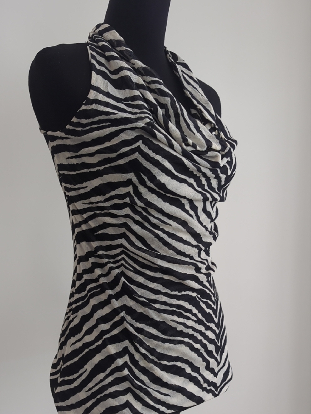Zebra Print Cowl Neck Halter Tank Top - Monochrome Animal Stripe